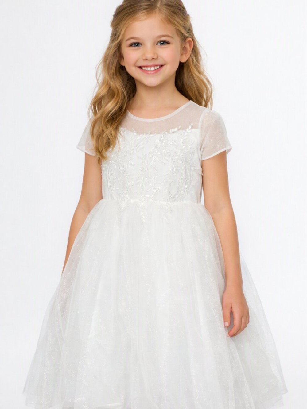 Flower Girls' White Lace Bodice Tulle Party Dress